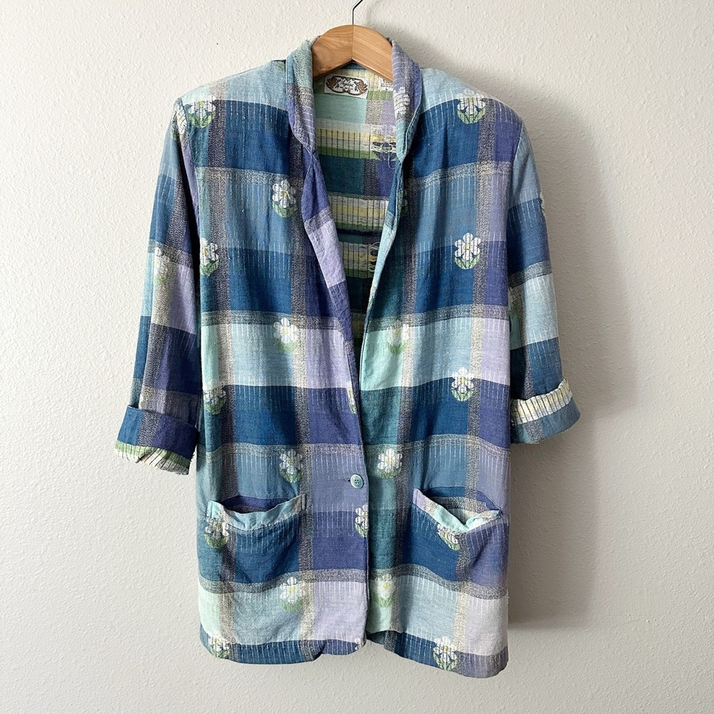 Vintage Angelique Imports 1991 Cotton Plaid Flower Jacket‎ Women's Size Medium